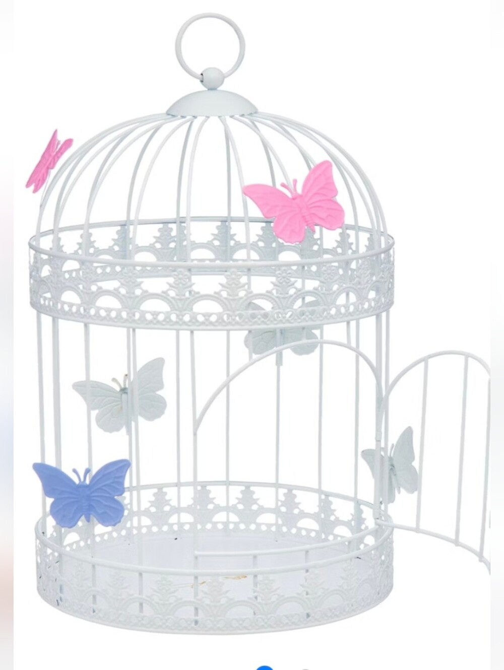 NWT DOLLY PARTON WHITE METAL BIRDCAGE WITH LACE LIKE DETAILING WITH COLORFUL BUT